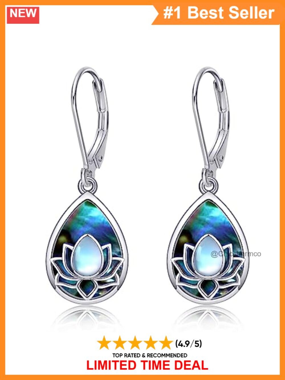 Sterling Silver Lotus Flower Dangle Leverback Earrings Moonstone Abalone